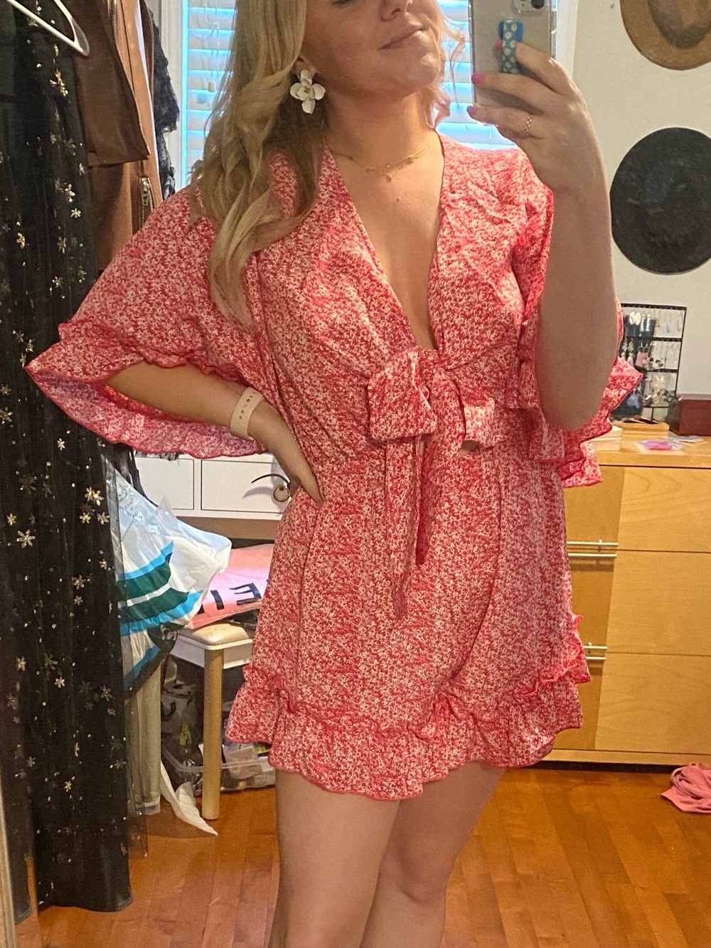 Pink Floral Ruffle Tie Romper